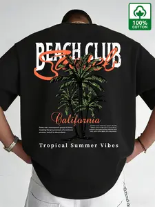 Men's California Palm Tree Print Cotton T-Shirt, Casual Loose Fit Short Sleeve, Graphic Letter Pattern, All Seasons Wear