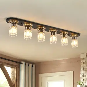Garwarm 47.24 Inch Modern Crystal Flush Mount Ceiling Light Crystal Chandelier Black Dining Room Light Fixture Long Ceiling Lamps for Living Room Kitchen Bedroom