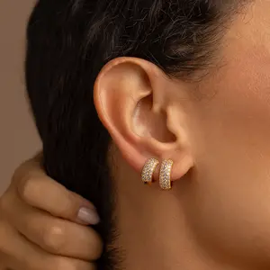 Gold Pavé Huggie Earrings Duo – 18K Gold Plated Double Row Zirconia Hoops
