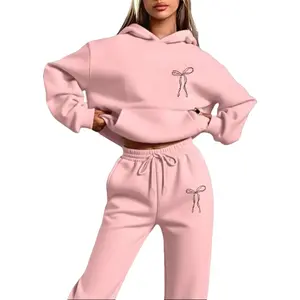 Autumn Winter Women's Hoodie Sweatshirt Set, Bowknot Design, Sweet Style, Comfortable Daily Wear