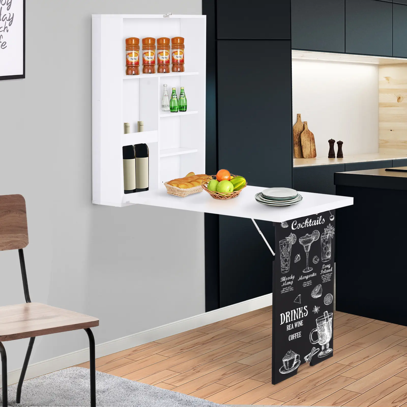 White Wall-Mounted Foldable Floating Desk - Convertible Fold-Out Workstation with Blackboard, Shelves, for Office & Commercial Furniture Computer Use