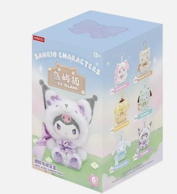Miniso Sanrio Fox Island Blind Box - Plush-Vinyl Mixed Media Single Figurine, Blind Bags Collecting Item with Fox Costume, Whimsical Themed Looks, My Melody Pink Accents, Soft Plush Body, Collectible Gift for Enthusiasts