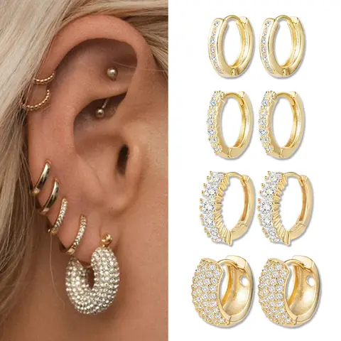 4 Pairs Small Gold Hoop Earrings Set for Women Diamond Pave Gold Earrings Set with Sterling Silver Post