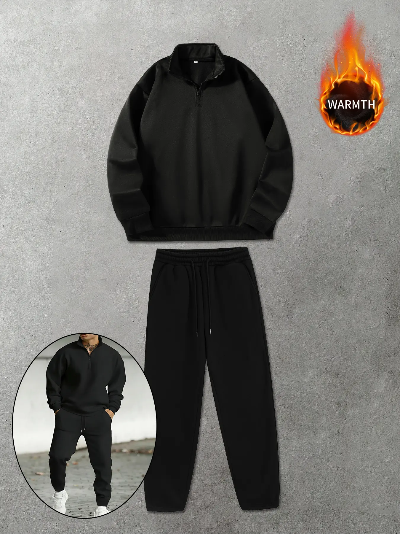 Oversized Quarter Zip Sweatsuit, Cozy Warm Fleece Lined Black Casual Set, Streetwear Stand Collar Pullover & Baggy Pants 2 Piece Set