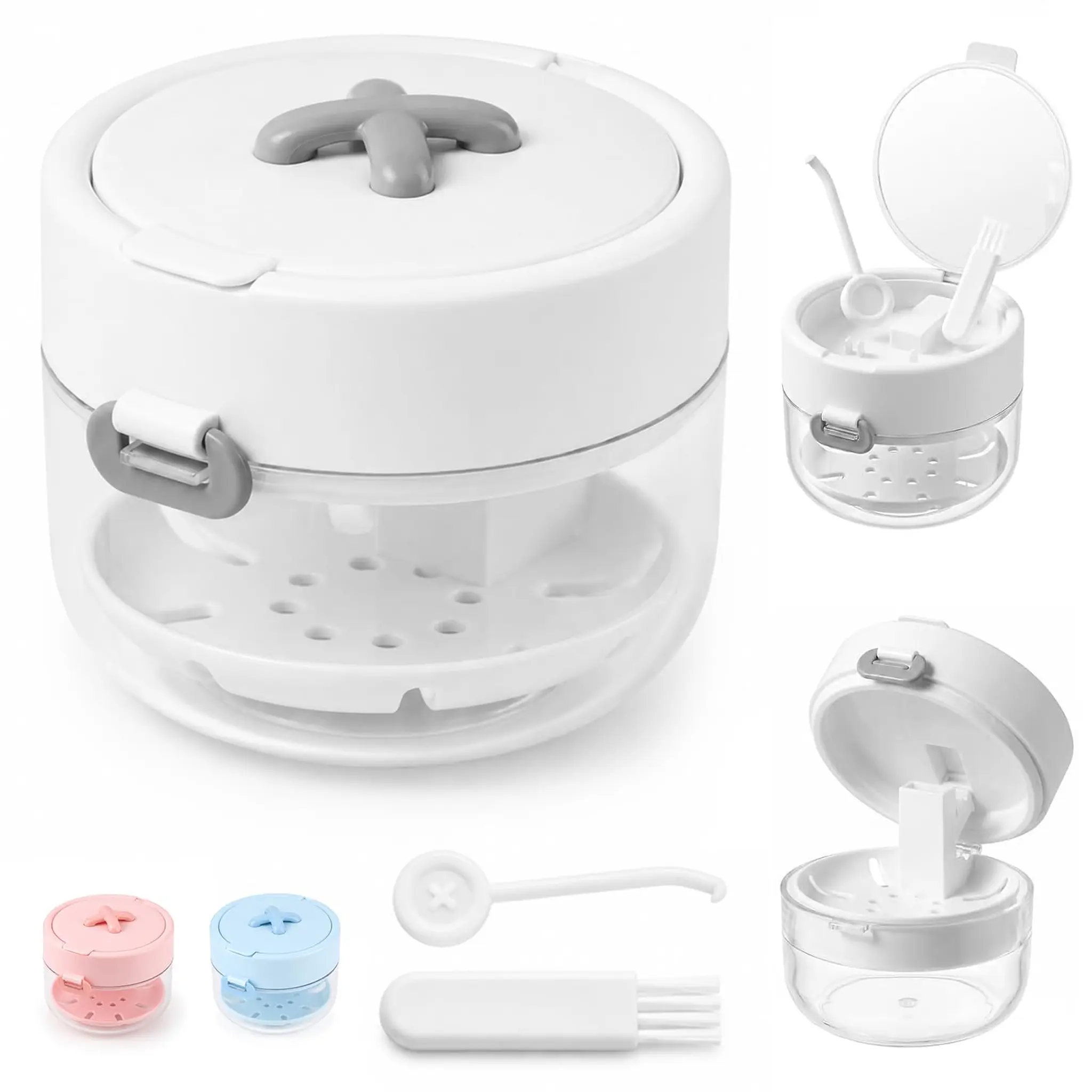 Portable Denture & Retainer Bath Box, 3-in-1 Dental Aligner Storage Case with Separate Compartment, Cleaning Brush and Aligner Remover for Travel & Home Use