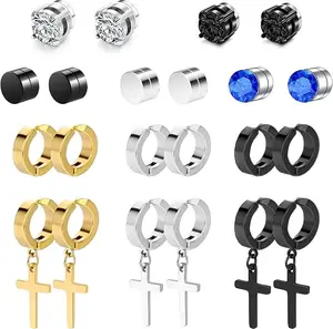 11 Pairs Clip On, Non-Pierced, Fake Earrings - Black Cross Hoop Dangle for Men & Women