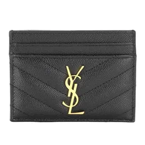 Pre-owned Yves Saint Laurent Leather Wallet Saint Laurent YSL Black Grained Cassandre Matelasse Card Holder W\Pouch