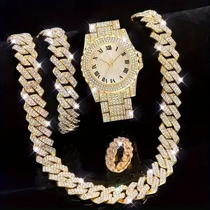 4pcs, Men's Rhinestone Bracelet Set, Ring Set, Men's Watch Gift Set