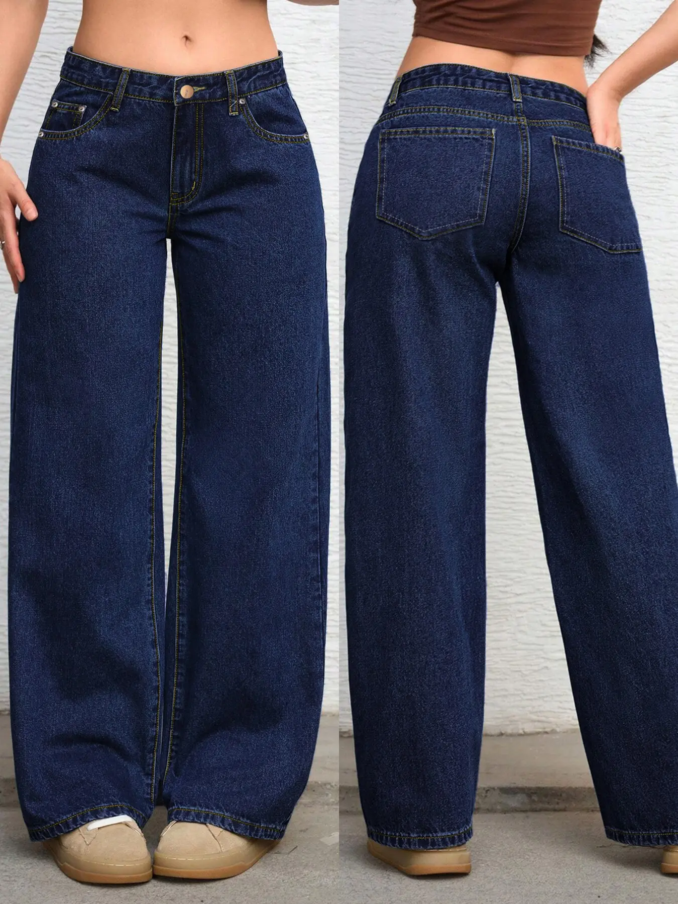 Nvfelix Loose Fit Casual Woven Denim Jeans Dark Wash Button Pocket for Women, All Season Lightweight Pants Trousers with Regular Waistline, Versatile Style for Everyday Wear Pockets Jeans