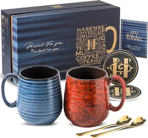 Hasense 20 oz Handmade Ceramic Couple Mug Set, Coffee Cups with Spoon and Coaster, Perfect for Morning Coffee, Home Breakfast and Cozy Evenings, Thoughtful Father’s Day Gift for Couples and Family
