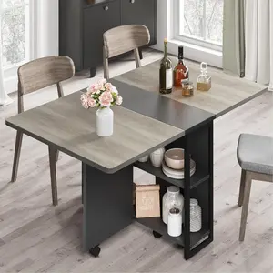 Folding Dining Table, Space Saving Farmhouse Dining Table for 4 Storage Shelf, 6 Wheels Multipose Expandable Kitchen Drop Leaf Table for Small Space (Carlo Grey, 50.1"D x 31.4"W x 29.5"H)