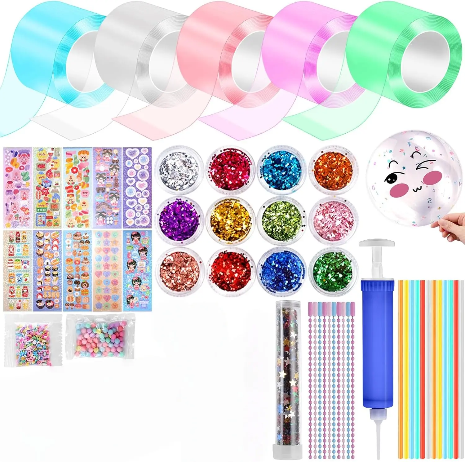 5 Pcs Nano Tape Bubble Kit,1m/3.28 ft Each Roll Nano Tape Bubbles Double Sided Tapes with Luxe Glitter, Beads, Cute Stickes