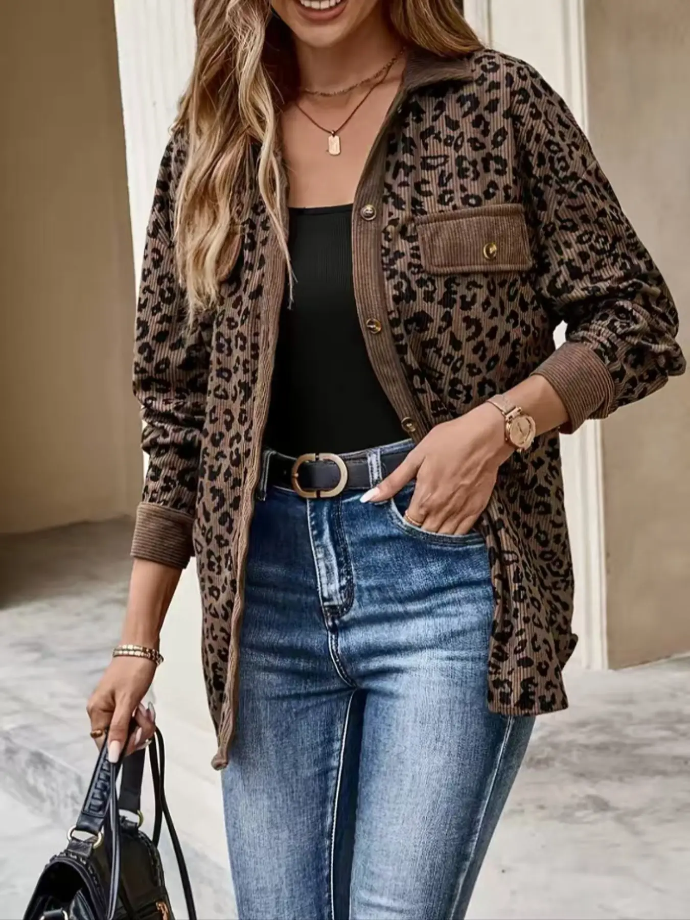 Women's Leopard Print Corduroy Jacket, Button Front Long Sleeve Shirt Collar Coat, Casual Collared Coats, Fall Winter Fashion Outerwear for Women