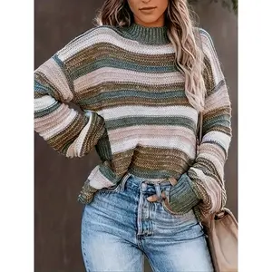 Women’s Striped Pullover Sweater, Casual Jumper with Colorblock Design, Casual Style, Loose Fit Long-Sleeve Knitwear for Autumn and Winter