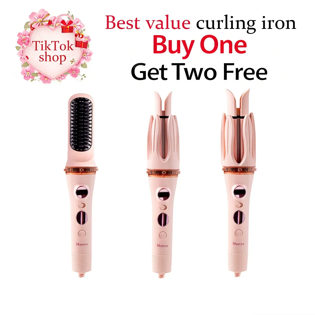 Mayeya Pink Flawless Instant Naturalwaves Automatic Curler with LED Display & Adjustable Temperature Settings 300℉-420℉ Portable Travel Ready Dual Voltage 120-240V curling irons straightener diffuser curly hair hair curler hair styling tools Plug tiktoksh