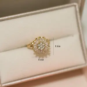 Women's Elegant Sunflower Shaped Anxiety Ring - Adjustable Unisex Open-Band Gold-Plated Copper Cubic Zirconia Quiet Rotating Fidget Spinner Jewelry, Sun Motif Rings, Everyday Trendy Accessory, Birthday Gift