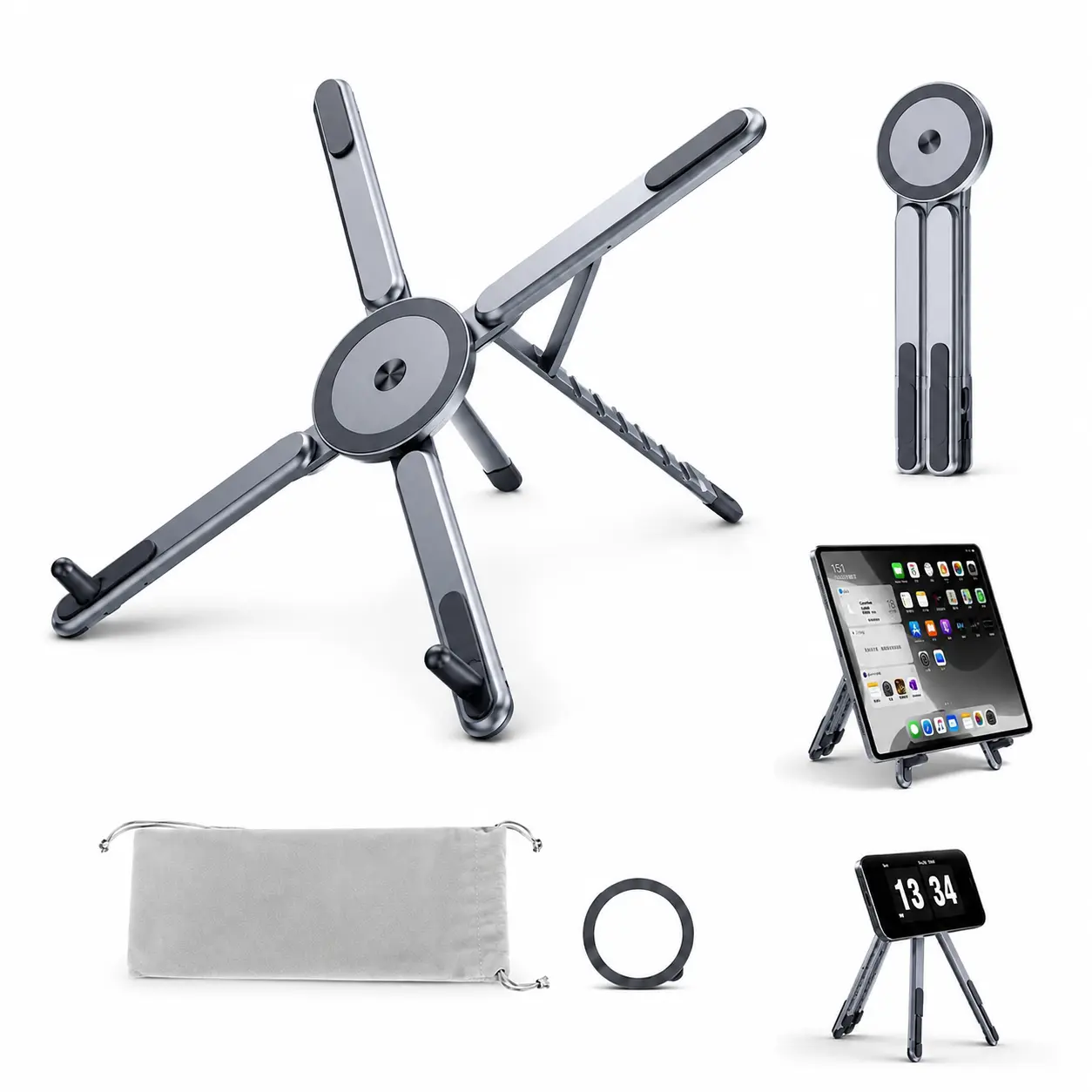 2026 Upgraded Laptop Stand for Desk, Foldable Portable Computer Riser with Magnetic Phone Holder, 2-in-1 Design, Space-Saving for Home & Office