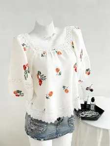 Women's Floral Lace Patchwork Top, Embroidered Flower Design, Hollow Out Lace Trim, Square Neck Bubble Sleeves, Casual Fit