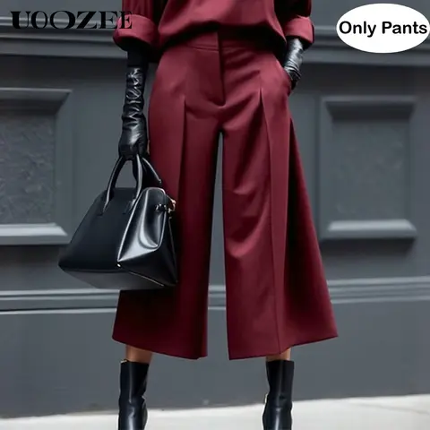 UOOZEE Women's 2025 Elegant High-Waist Wide-Leg Spandex Trouser Bottom - Solid Color, Elastic Waistband, Pleated Hem, Lightweight Stretchy, Buttons, Office Business Casual (Smaller Waist Fit; Check Size Guide or Order 1 Size Larger)