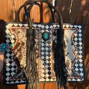 Checkered and cowhide tote bag