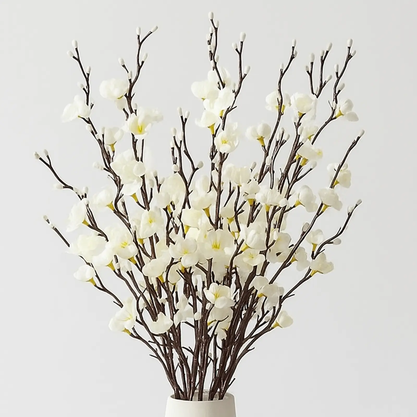 12Pcs Realistic Faux Plum Silk Cherry Blossom Artificial Branches - Faux Plant Ornaments with Long White Flower Stems for Home Wardrobe Round/Circle Decor Table Centerpieces (Vase Not Included)