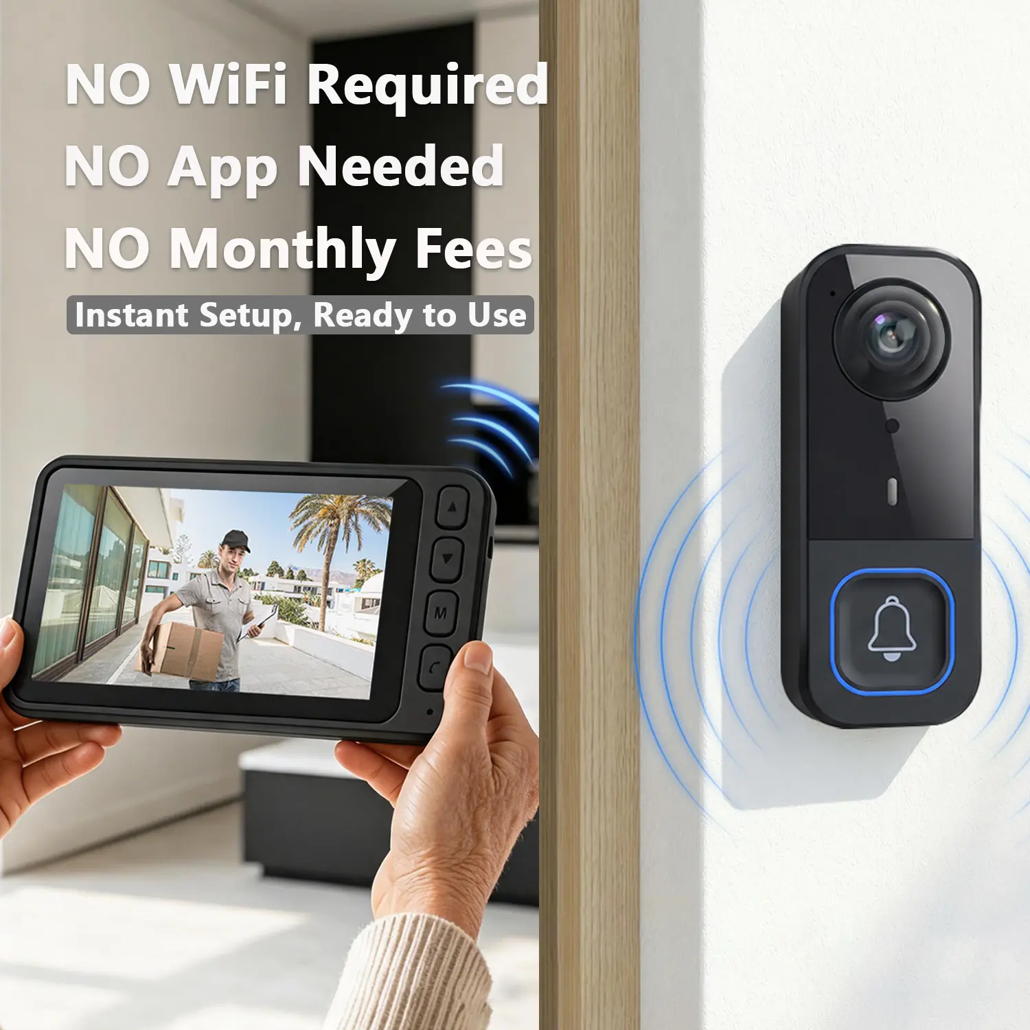 Wireless Doorbell Camera with 4.5in Screen Monitor, HD Night Vision, Free Local Storage, No Subscription/WiFi/APP Needed, 2-Way Audio Video Intercom, 120° View Angle
