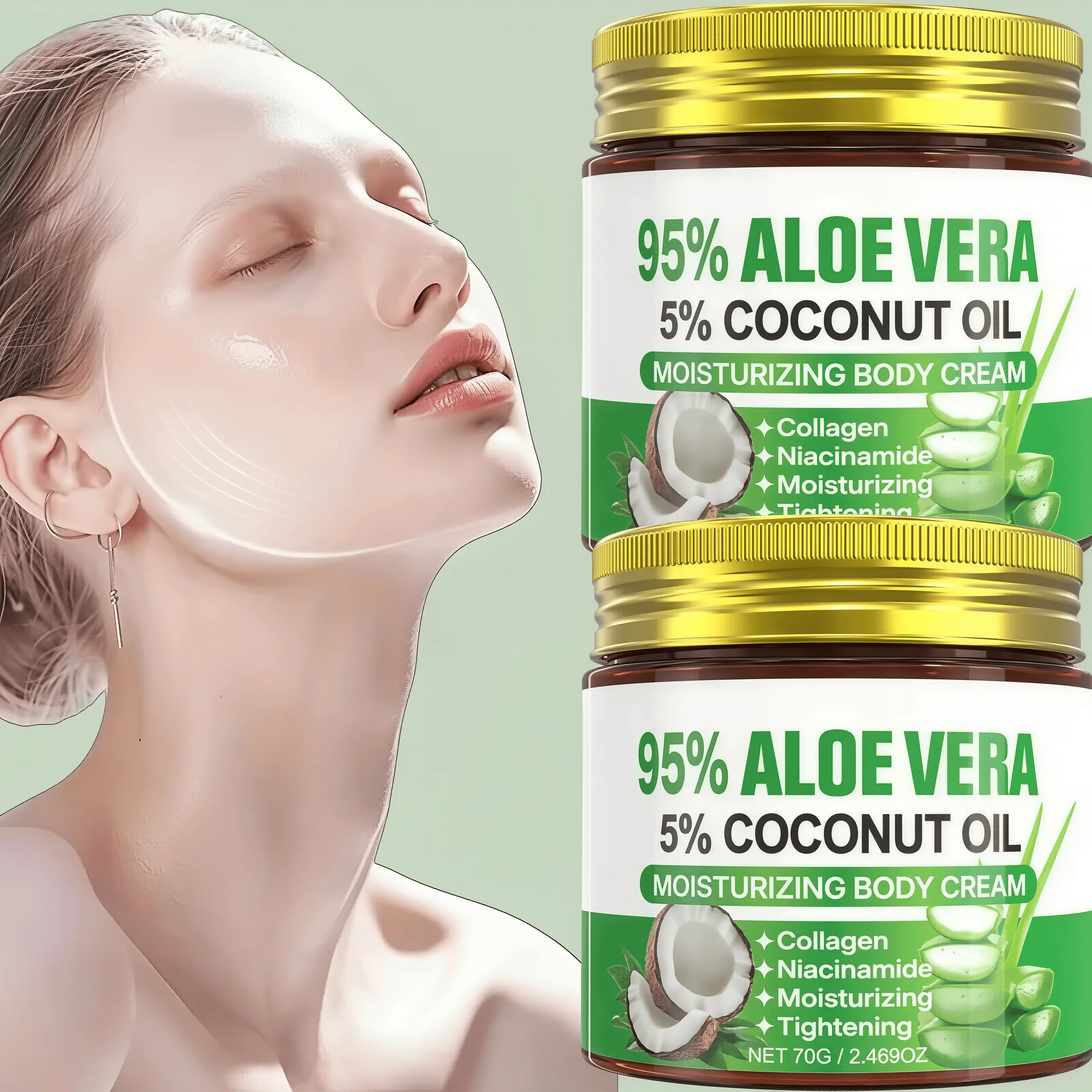 2pcs Aloe Vera Coconut Facial Massage Cream - Niacinamide, Collagen & Hyaluronic Acid Moisturizers for All Skin Types, Delivering Long-Lasting Hydration, Smoothing, Firming & Lifting Effects for Radiant Skin