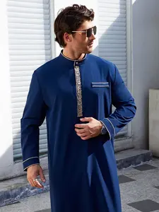 Arabian Islamic Traditional Men's Clothing, Ramadan Eid Festival Wear, Classic Long Robe with Embroidery, All Seasons, Authentic Saudi Thobe, Traditional Arabic Robe