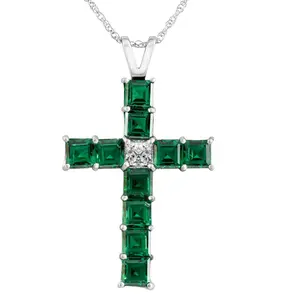 6Ct TW Princess Cut Diamond & Emerald Cross Pendant Necklace Gold Lab Grown