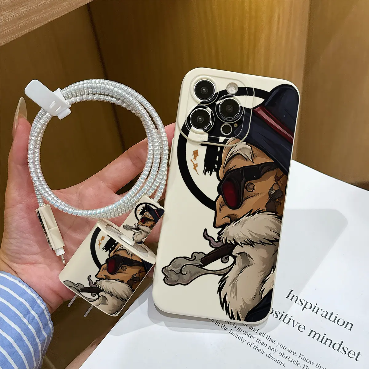 6 Piece Set Anime Character Phone Case, Charger Head Cover, Cable Protector, Storage Rope, Data Line Protection for iPhone 15/16 Series
