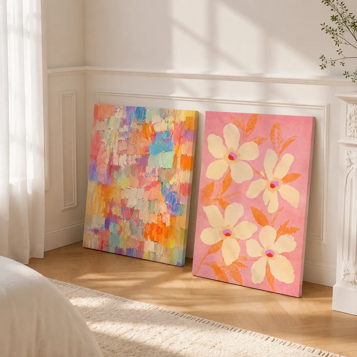 [Back To School] 2-Piece Pink Floral & Colorful Abstract Lightweight Removable Artistic Canvas Wall Painting Set, Modern Diptych Home Decor for Girls' Dorm Room, Feminine Bedroom Makeover Art dormessentials
