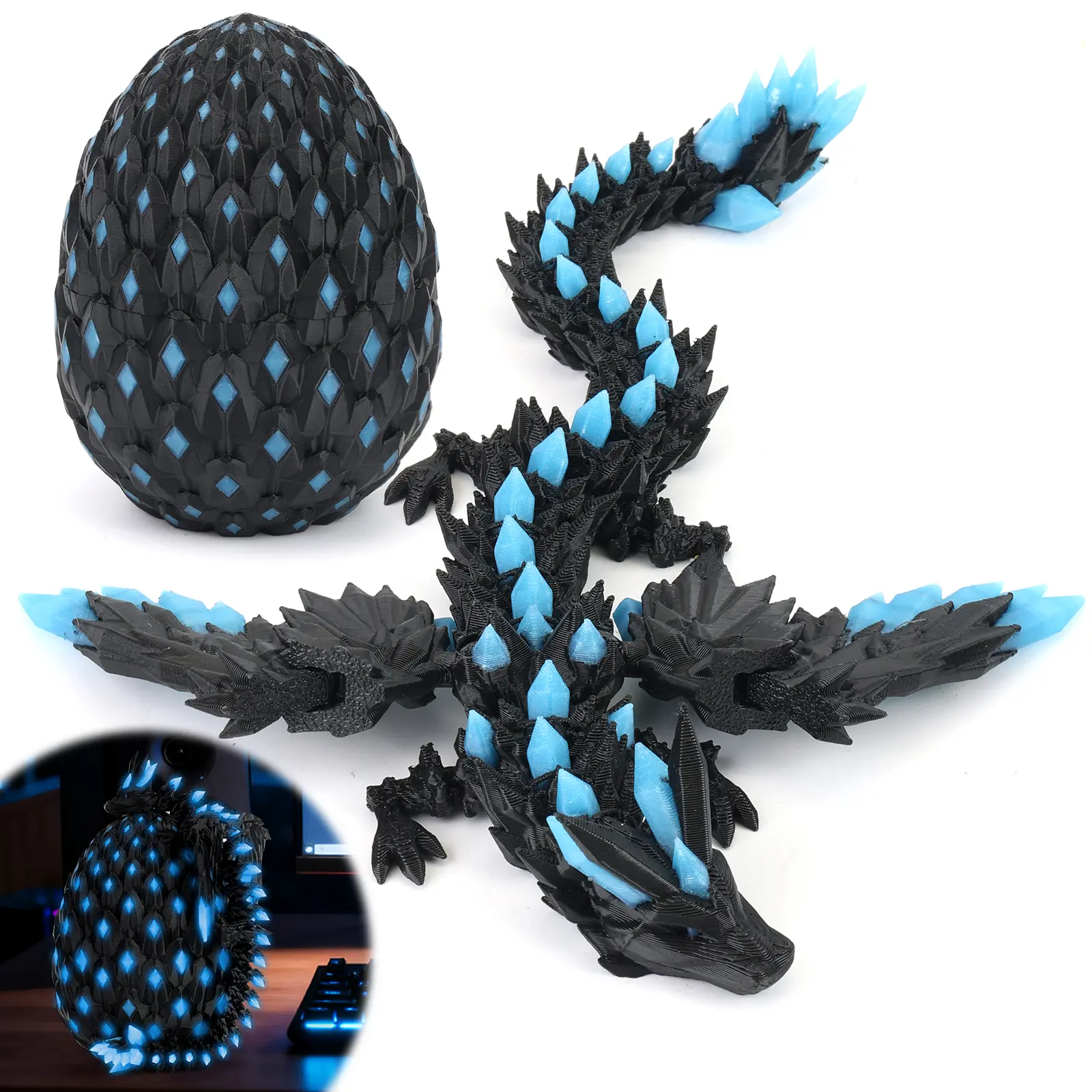 3D Printed Dragon with Wings Glow in The Dark, Dragon eggs with Dragon Inside, Flexible Articulated Fidget Toy, Easter Mythical Pieces, Cool Luminous Desk Decor Gift for Kids & Adults, Birthday Gift for Boys 8-12