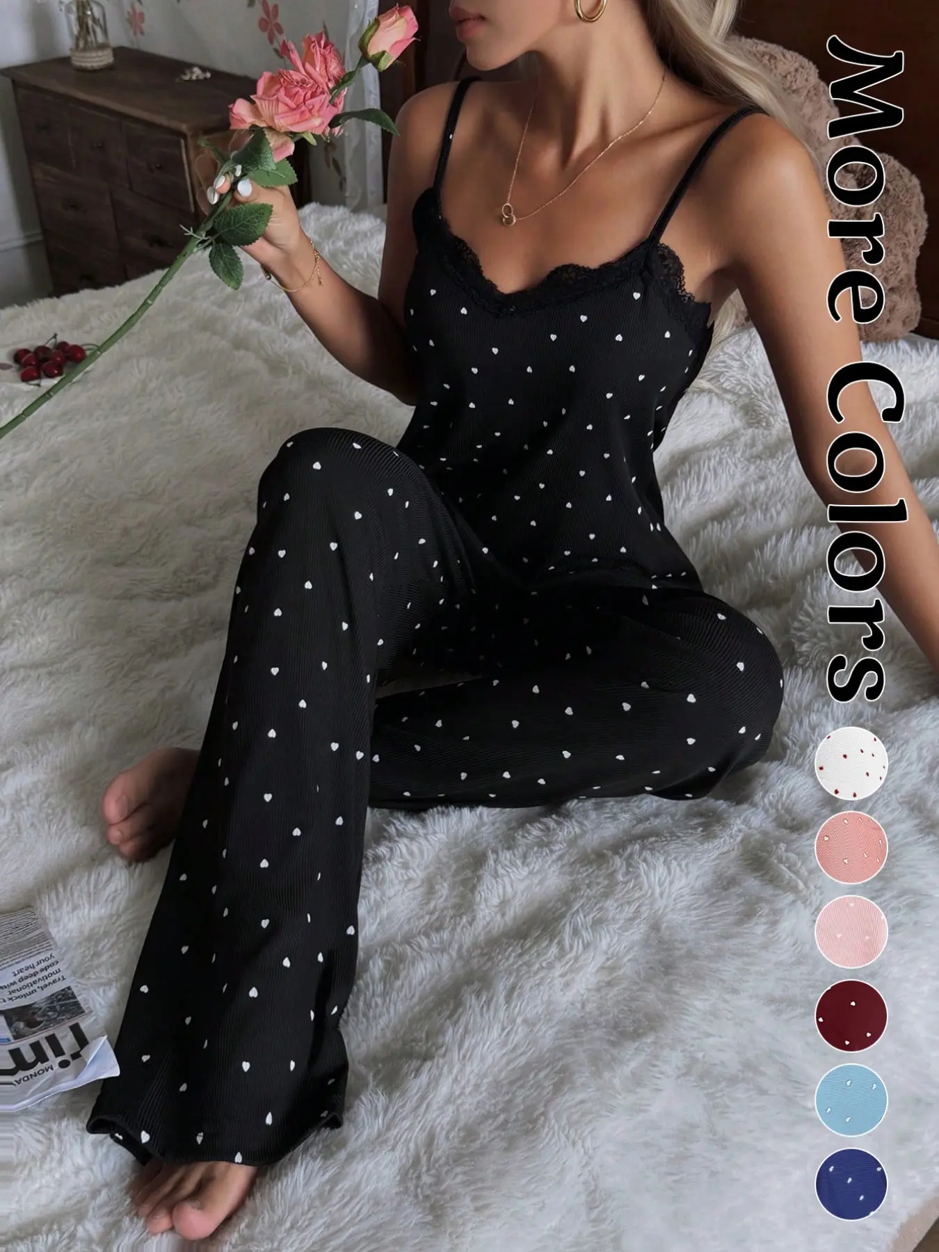 Spring Summer New Heart Print Women's Lace Trim Loungewear Sleepwear Set Pajamas, Elastic Fabric Comfortable Breathable, Indoor Outdoor Casual Home Wear, Heart Pattern Sleepwear