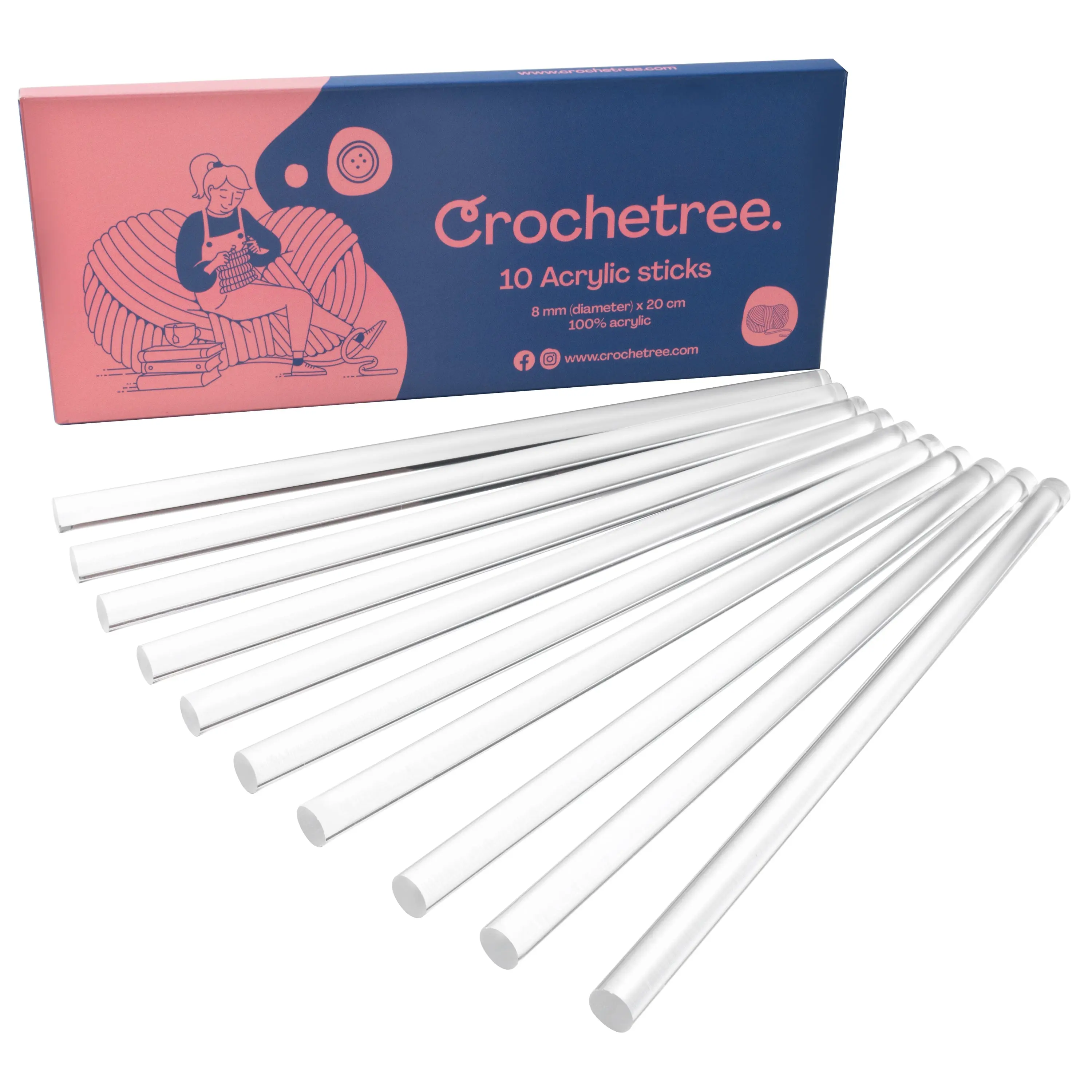 Crochetree Acrylic Crochet Rods - 10 Pcs 8 mm×20 cm, Polished Ends, Rigid Rods, Load-Tested Strength, Gift-Ready Box, Ideal for Craft-Loving Friends
