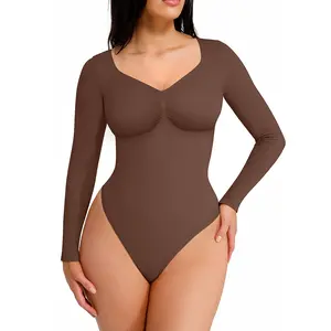 FeelinGirl #LS Stream Women's Long Sleeve Bodysuit for Tummy Control Seamless Body Suits Thong V Neck Going Out Tops Womenswear Springtok