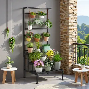 Plant Stand 3-Tier Hanging Shelves Flower Pot Organizer Multiple Flower Display Holder Indoor Outdoor Heavy Duty Potted Planter Rack Unit with Grid Panel for Living Room Balcony