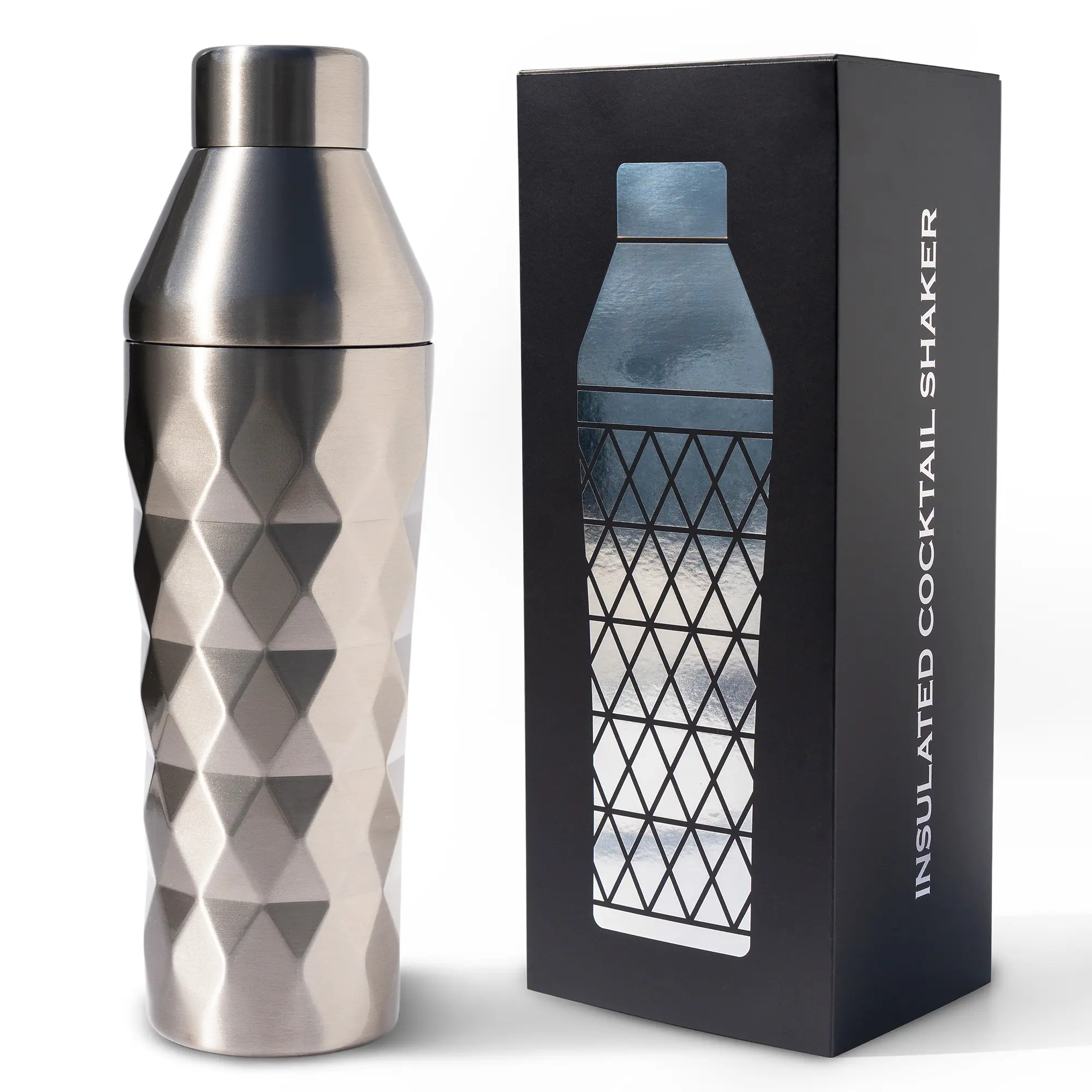 FANCY MAN Insulated Cocktail Shaker - Stainless Steel Double-Wall Vacuum Insulated Cocktail Shaker with Built-in Measuring Lid & Strainer, Premium Giftable Packaging, Innovative Geometric Grip Design from Wild Man Drinking Company