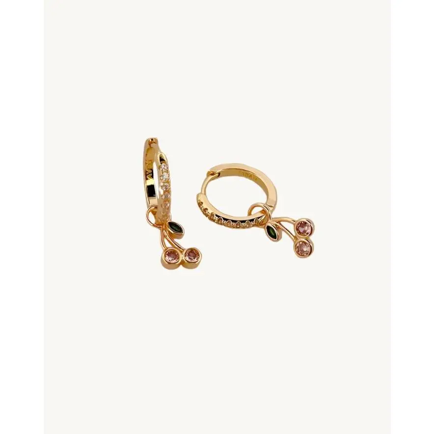 AVELI - Gold Plated Copper Cherry Drop Earrings with Leaf Details - Yellow Gold Elegant Design