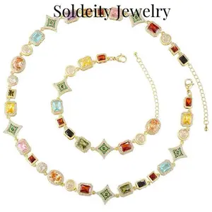 Women's Vintage Colorful Zircon Gemstone Jewelry Set - Exquisite Multi-Color Geometric Gemstone Necklace, Stackable Bracelet