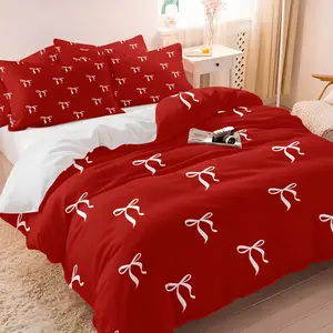 red Decorative Duvet Cover set with a white bow print includes a duvet cover and half a pillowcase (without insert). It exudes a retro and sweet vibe, making it a soft and comfortable bedding gift perfect for women and teenage girls. Bedroom Bedding Set