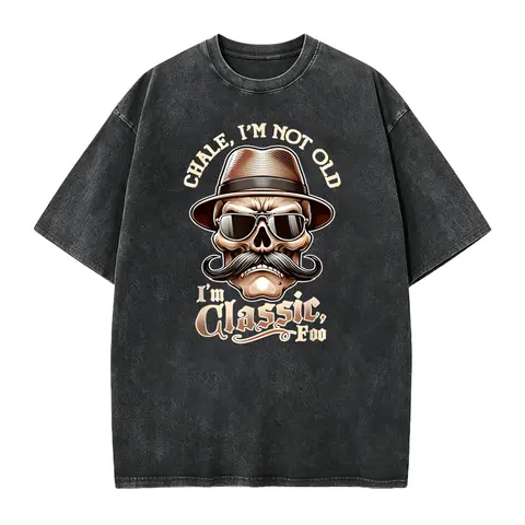 Men's Knit Crew Neck Casual Fit Graphic T-Shirt - Funny Cholo Chicano Lowrider "I'm Not Old, I'm Classic Foo" Print, Black Seamless Elastic Cotton Short Sleeve Top, Machine Washable, Ribbed Smooth Stylish Menswear Fabric, All-Season Apparel