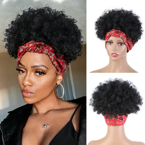 Short Headband Wigs Afro Kinky Curly Wigs for Black Women with Headbands Attached Synthetic Replacement Wig Hair Afro Kinky Glueless Headbands For Women (Black) Elastic Hair Accessory Scrunchie