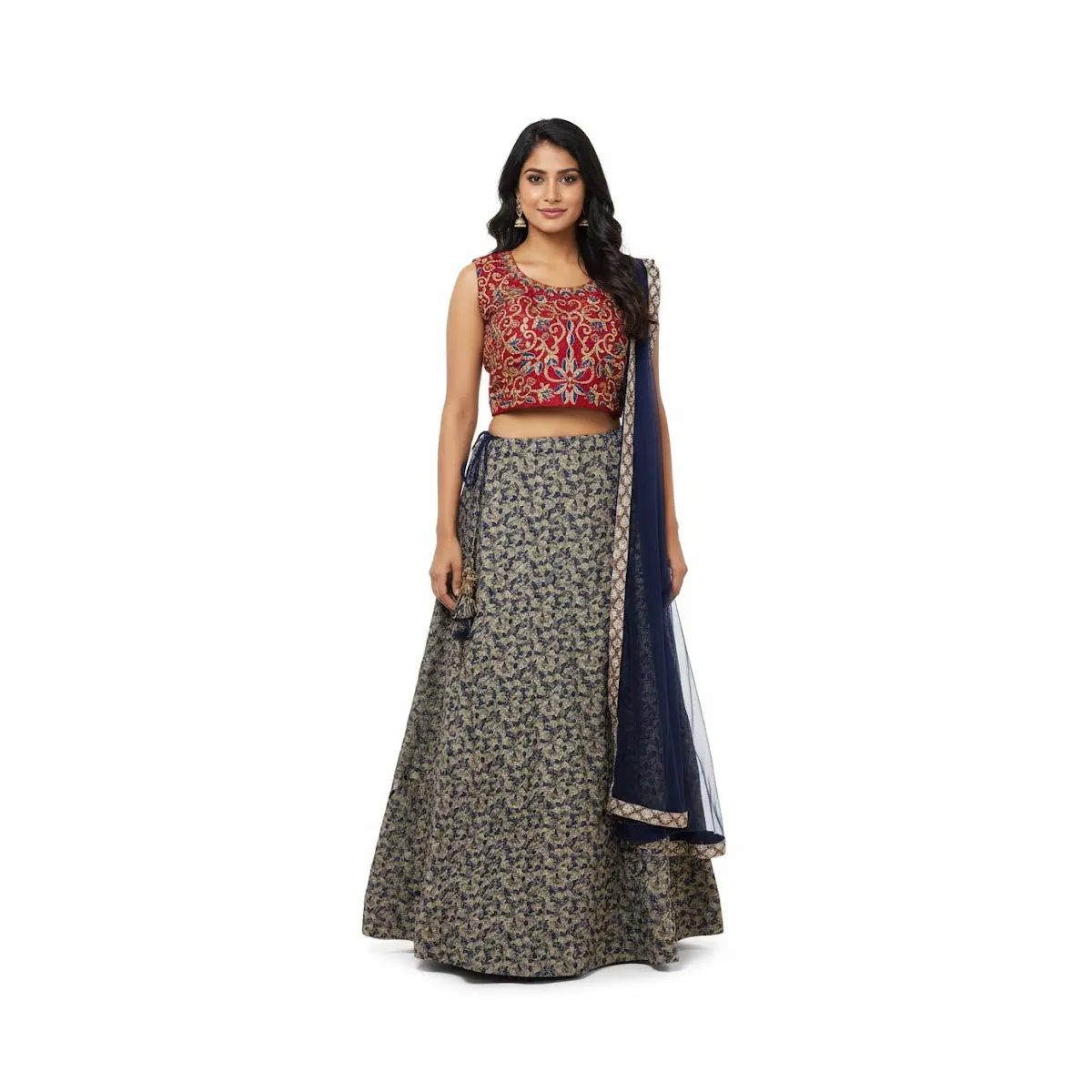 #LSET-15 Stunning 3-Piece Festive Lehenga Choli Set (Unstitched sleeve attached with blouse)- Red & Navy Blue