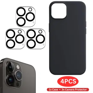 (4PCS) 1 black Phone Cover with 3pcs Camera Lens Protector Tempered Glass for iPhone 16 15 14 PLUS PRO MAX 11 12 13 MINI