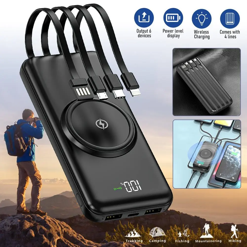 Wireless Portable Charger with 4 Built-in Cables, Wireless Charging Power Bank, Fast Charging USB C Travel Essentials Battery Pack for iPhone 17/16/15/14, Galaxy, Android Protection Electronic