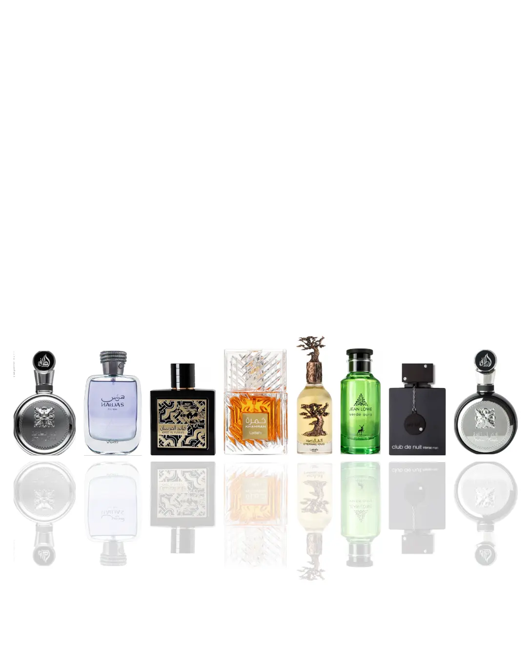 fakhar lattafa paltin + fakhar lattafa + hawas by rassasi + qaed al fursan + khamrah + eternal oud + jean lowe verde aura + club de nuit -- 8 piece bundle