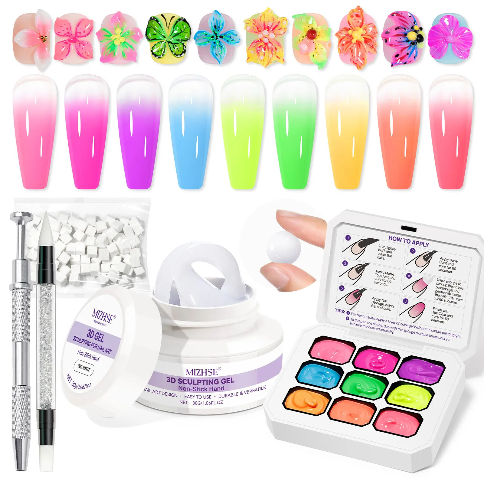 MIZHSE Solid 3D Nail Gel + Pat Pat Ombre Gel Set – DIY Nail Art Design Tool for Easy 3D Flowers & Ombre