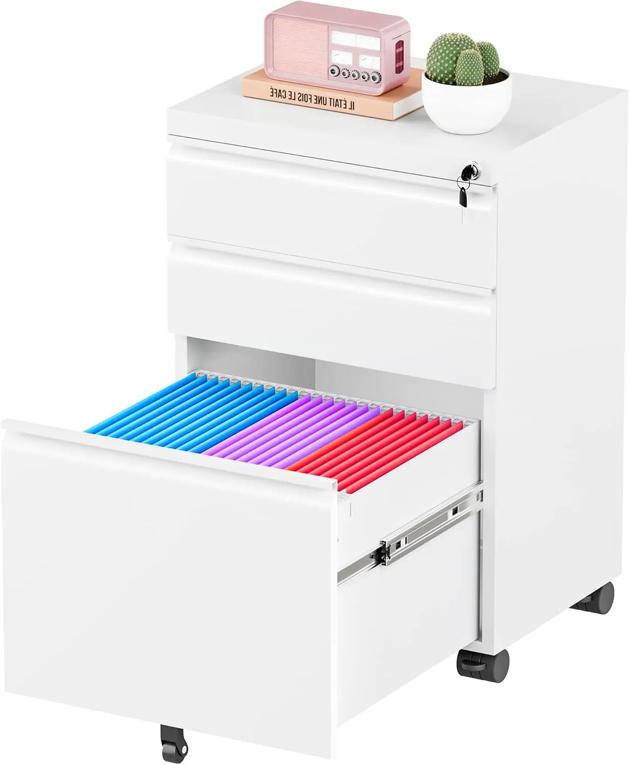 Greenvelly Modern Rectangular 3-Drawer Lockable Metal Frame Filing Cabinet, Fully Assembled Rolling Under Desk Cabinet (Except Casters) with Wheels for Home Office, Fits Legal/Letter/A4 Sizes (White), Legal Size