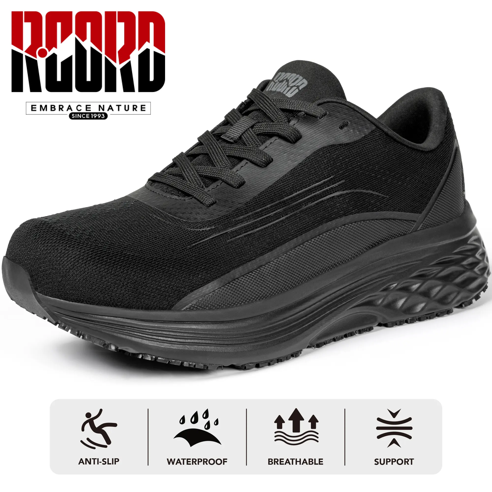 R CORD Women’s Waterproof Non-Slip Work Shoes – Oil-Resistant Chef & Nurse Sneakers for Kitchen, Restaurant & Healthcare (Black) Breathable
