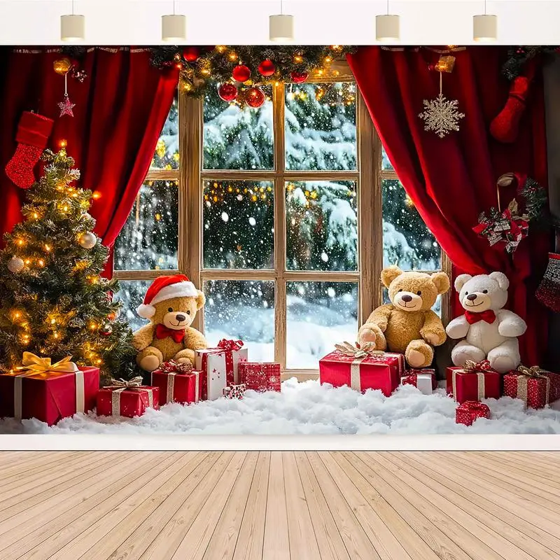 Lightweight Polyester Christmas & New Year Background Banner - Colorful Winter Snow Scene with Xmas Tree, Teddy Bears, Geometric Accents, Various Dimensions, Lightweight Hang, Ideal for Party Decor, Festive Gifting